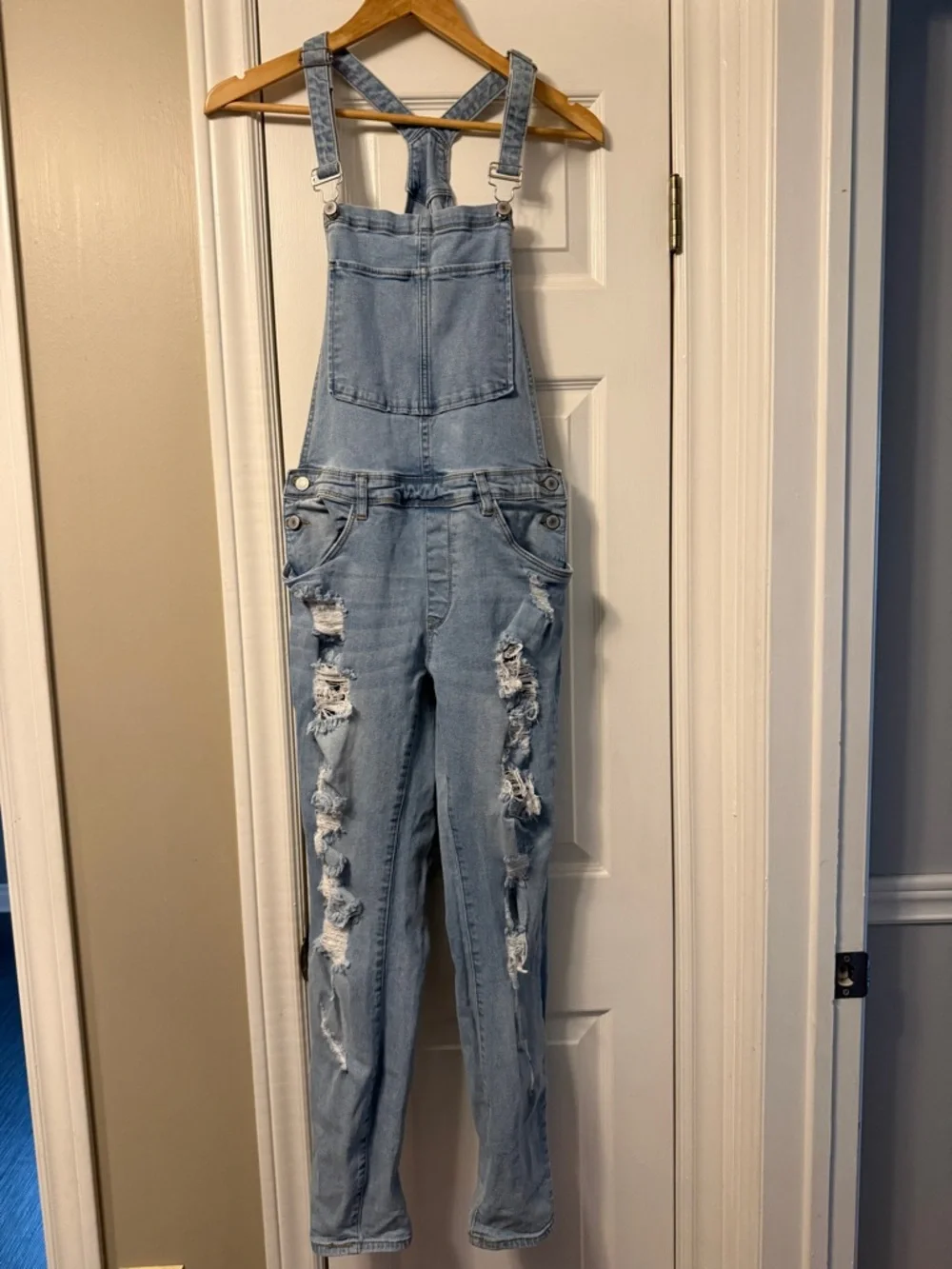 Light Blue Distressed Denim Overalls - Women Jeans - Picture 2 of 6